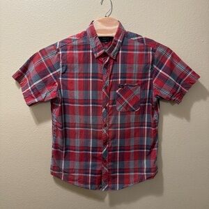Men’s Large RVCA Red Navy Blue White Plaid Short Sleeve Button Up Shirt